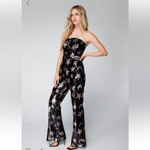 Nasty Gal Premium Star Bandeau Flare Black Sequin Strapless Flare Jumpsuit 10 - Picture 3 of 12